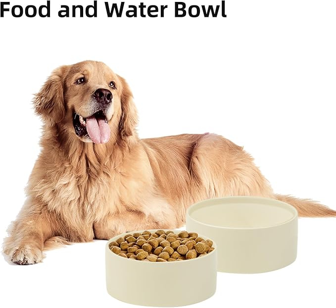 Ceramic 7.3inch Dog Bowl, Food and Water Bowl for Medium Breed Dog, Pet Feeder for Replacement (Single Bowl, Beige)