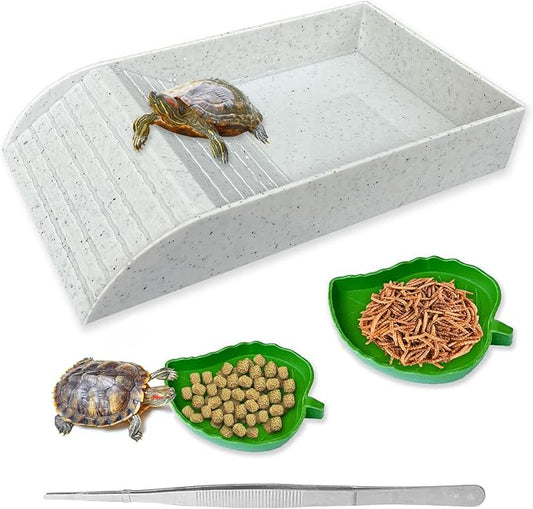 NGORAY Tortoise Feeding Dish with Ramp and Basking-Platform - Leaf Tortoise Water Food Bowls, Reptile Water Dish Amphibians Habitat, Reptile Water Bowl Fit for Amphibians with Forcep Cleaning Clip