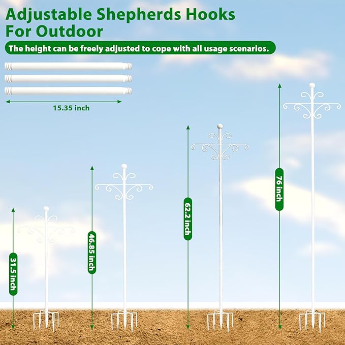 Bird Feeder Pole for Outdoors Heavy Duty Squirrel Proof, 2 Pack 76 Inch Adjustable Tall Shepherds Hooks for Outdoor with 7 Prongs Base, Double Shepherd Hooks (2 Pack White, 76 Inch)