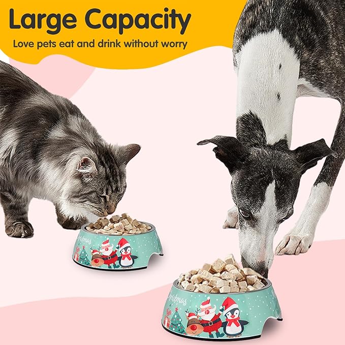 Christmas Xmas Pet Dog 2 in 1 Food Water Bowls - Non Slip Skid Proof Heavy Duty Pet Cats Dog Food Water Bowls for Feeding Small Dogs Puppies Cats Kittens-Green Christmas-S