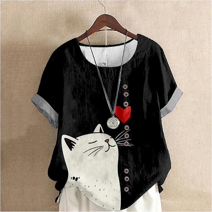 Japanese Print Women Summer Shirts Flower Bird Graphic Plus Size Tunic Tops Crewneck Short Sleeve Blouses