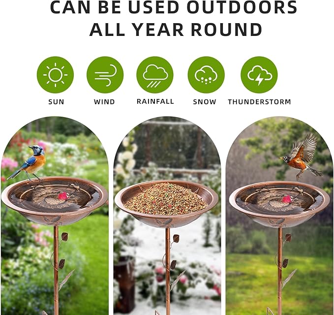 Metal Bird Bath Feeder for Outdoors,3.34" Deep Birdbaths Bowl with Stable Upgrades Stake 5-Pronged Base,Easy Clean Birdfeeders for Garden Yard Lawn Decor(Red Bronze)