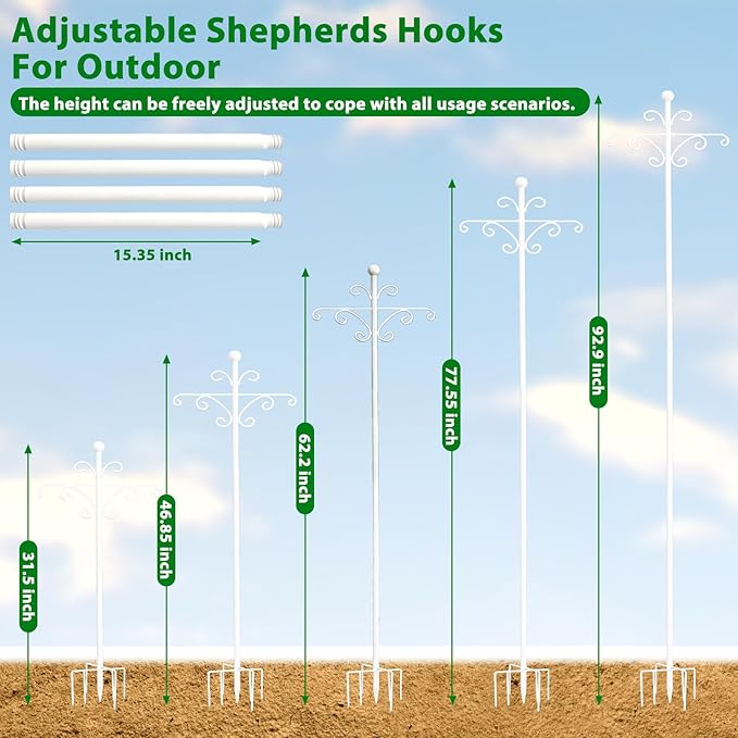 Bird Feeder Pole for Outdoors Heavy Duty Squirrel Proof, 2 Pack 92 Inch Adjustable Tall Shepherds Hooks for Outdoor with 7 Prongs Base, Double Shepherd Hooks (2 Pack White, 92 Inch)