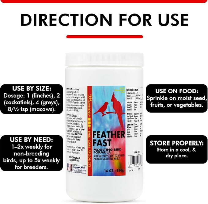 Morning Bird Feather Fast 16 Oz – Multi-Vitamin During Molt - Molting Support Supplement for Bird – Amino Acid & Vitamin Powder Formula– Promotes Feather Growth, and Full Plumage – for All Adult Birds