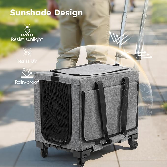 Pecute Cat Carrier with Wheels,Steel Wire Frame Cat Carrier, Stable Pet Trolley Bag for Cats, Pet Handbag and Stroller Bag, Portable Cat Carrier Bag for Car Travel Bus Subway, L, Grey