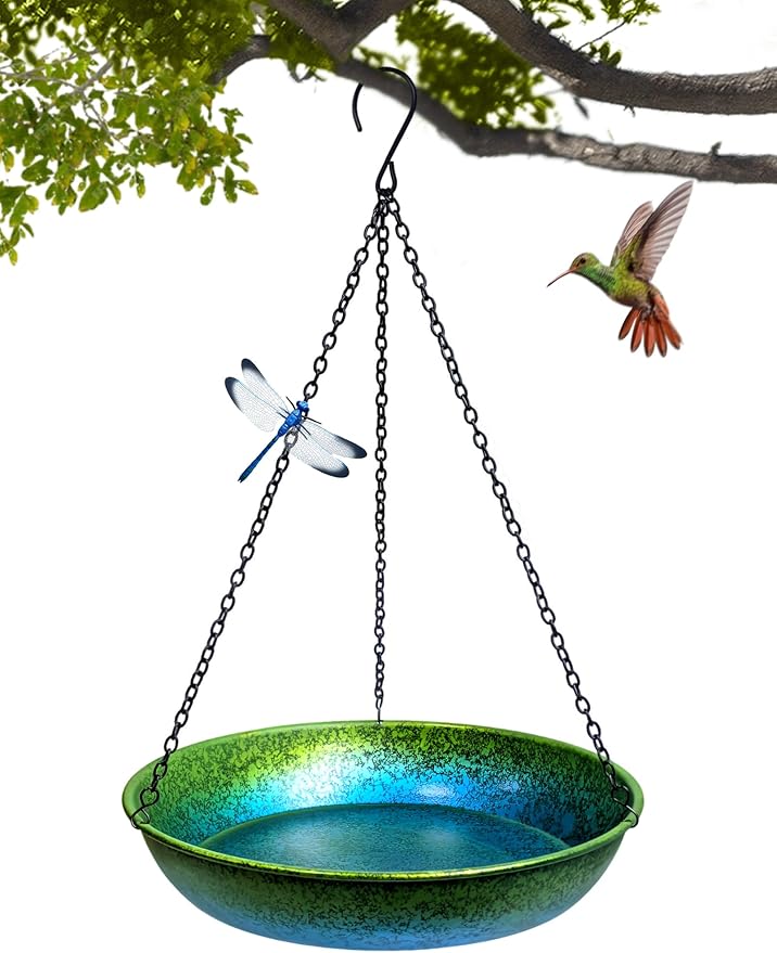 Hanging Bird Bath for Outside Metal Hanging Bird Feeder Window Birds Feeder Hand-Painted Blue and Green Gradient 11 in for Birds to Seed Bathe and Drink for Back Yard, Deck,Patio Garden Decoration