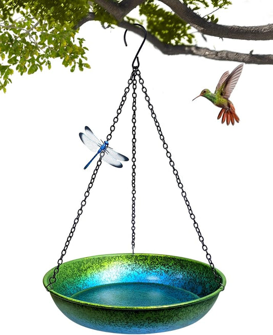 Hanging Bird Bath for Outside Metal Hanging Bird Feeder Window Birds Feeder Hand-Painted Blue and Green Gradient 11 in for Birds to Seed Bathe and Drink for Back Yard, Deck,Patio Garden Decoration