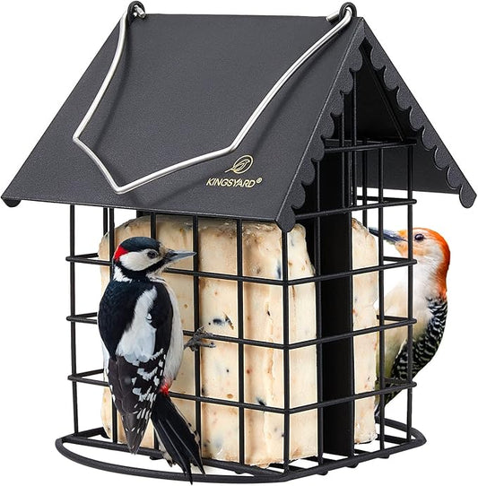 Kingsyard Double Suet Bird Feeder with Weatherproof Roof & Perch, All Metal, Suet Cakes Cage Bird Feeder for Outdoors Hanging, Easy to Clean & Refill, Black