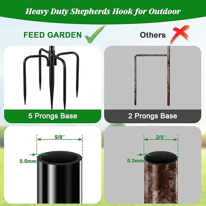 FEED GARDEN Bird Feeder Pole, 60 Inch Shepherds Hooks for Outdoor with 5 Prong Base, Adjustable Heavy Duty Shepherds Hook for Plant Baskets, Hummingbird Feeder, Wedding Decor, Lanterns,2 Pack