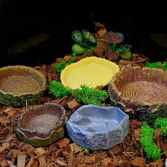 2 Pack Realistic Resin Reptile Food and Water Bowls Natural Simulation Tree Stump Feeding Dishes for Lizards Snakes Tortoises Geckos Decorative Terrarium Landscaping Accessories for Reptile Habitat
