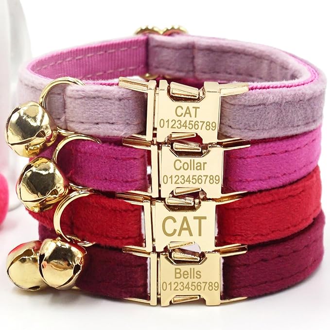Personalized Cat Collar with Bells,Velvet Customized Small Cat Collar with Name Tag,Pet Collar with Name Phone Number Engraved ID Tags for Boy and Girl Kitten Cats (Wine Red)