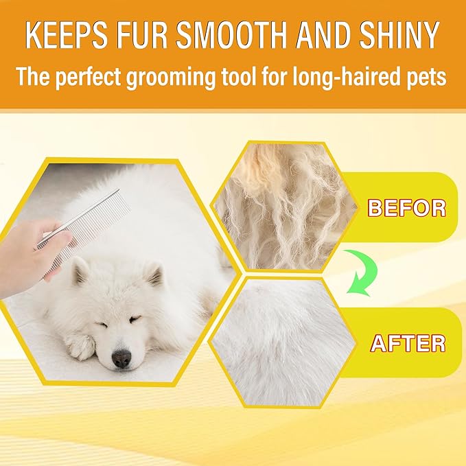 Dog Comb and Cat Combs Stainless Steel Teeth, Grooming Tool for Long & Short Hair, Dematting Comb for Dogs, Removes Tangles & Knots (Large Silver)