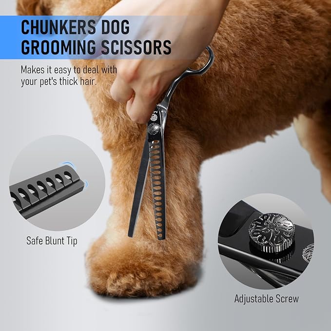 Purple Dragon Dog Grooming Scissors Set - Chunkers, Straight, Up & Down Curved Scissors and Comb, 7 Inch Black Shears with Adjustable Screw for Dogs and Cats