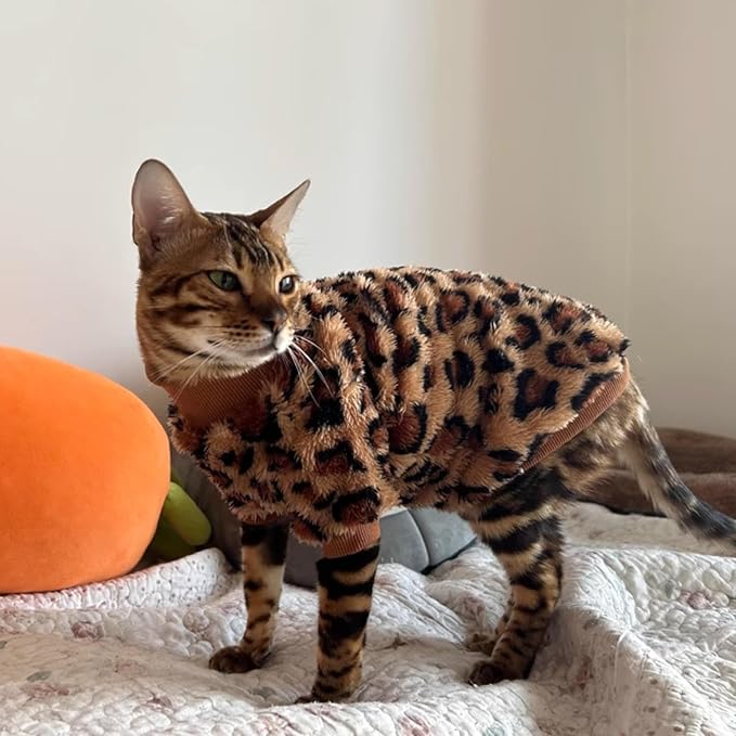 Cat Leopard Double-Sided Fleece Pullover, Soft Warm Clothes for Hairless Sphynx, Devon & All Indoor Kittens in Winter (Leopard,S)