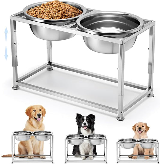 89OZ Large Capacity Raised Dog Bowls for Large Dogs - Full Metal 3 Height Adjustable (10", 12", 14") Food Water Bowl, Stainless Steel Medium Dog Elevated Bowl for Relief Joint Pressure