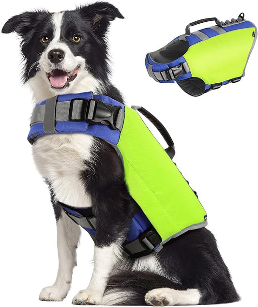 Pawaboo Reflective Dog Life Jacket, Dog Safety Vest Adjustable Pet Life Preserver with Strong Buoyancy & Sturdy Rescue Handle, Dogs Lifesaver Vests for Boating, Swimming, L, Bright Yellow