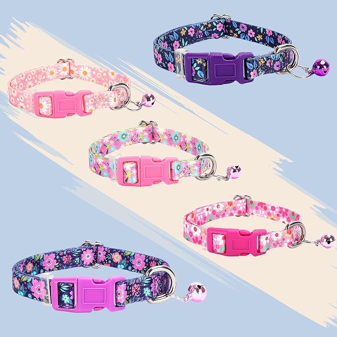 Floral Small Dog Collar with Bell - Ultra-Soft Kitten-Safe Collar for Tiny Dogs, Adjustable Flower Pattern Nylon Collar for Chihuahua Pomeranian Kittens S