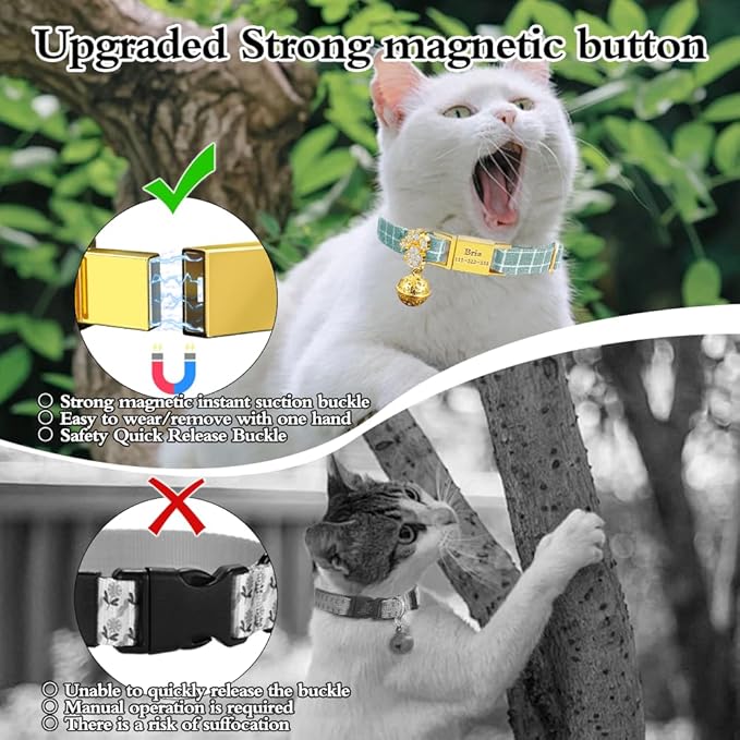 Personalized Breakaway Cat Collars - Magnetic Buckle, Bell - Safety Quick Release, Customized for Girls & Boys Cats- (Checkered-Cyan)
