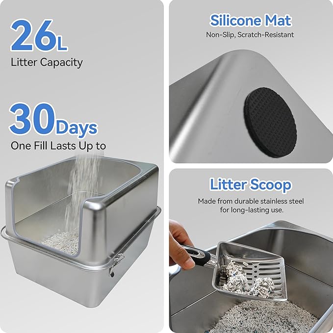 Stainless Steel Litter Box with Metal Lid and Scoop - Enclosed Metal Litter Box for Large Cats, Rust-Resistant, Odor-Control, Easy to Clean, Durable & Long-Lasting with Round Edge (L)