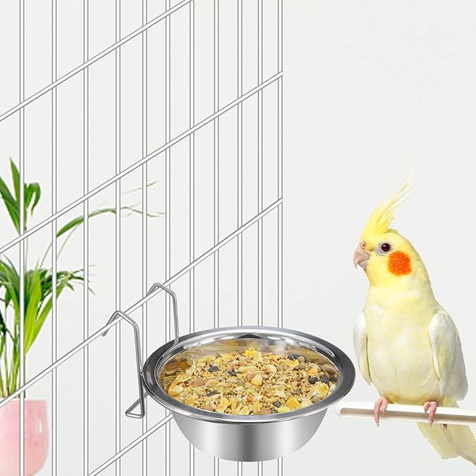 Wontee Pet Bowl Stainless Steel Hanging Food Water Bowls Bird Cage Feeder for Birds, Parrots, Small Sized Dogs and Cats (L)