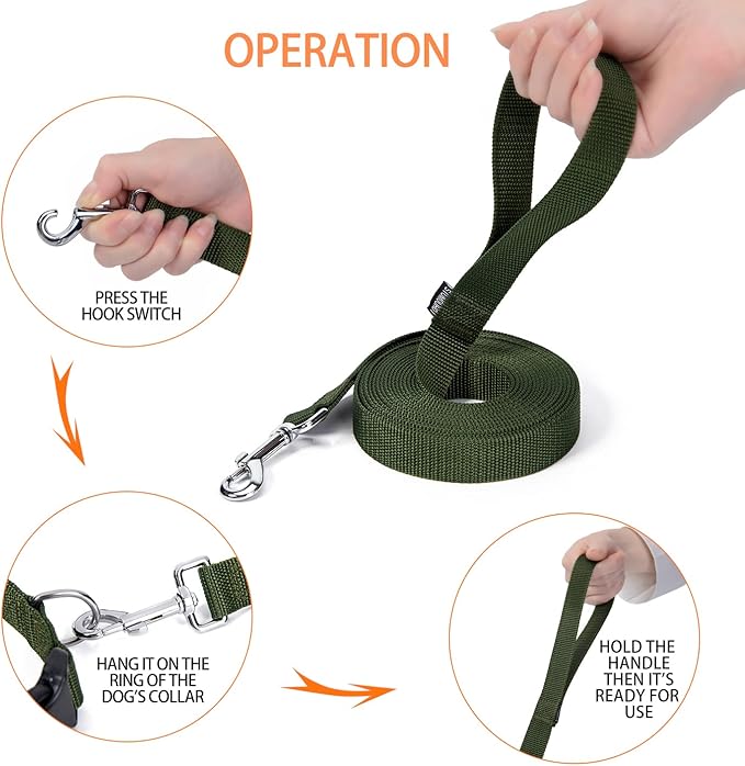 Strong Durable Nylon Dog Training Leash, 1 Inch Wide Traction Rope, 6 ft 10ft 15ft Long, for Small and Medium Dog (Military Green, 15 Feet)