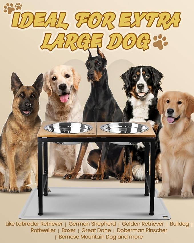Elevated Dog Bowls Large Breed with Mat, 15"-20.5" H 4500ML Raised Dog Bowls for Large XL Dogs, Bamboo Bowl Elevated with Stainless Steel Bowl, Metal Stand Adjustable Dogs Feeder