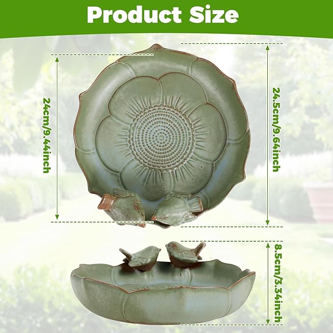 Ceramic Bird Bath for Outside, Resin Birdbath Bowl with Vintage Ornament,Ground Feeders Bird Bath Feeding Bowl for Outdoors, Garden Deck, Balcony,Yard, Lawn.