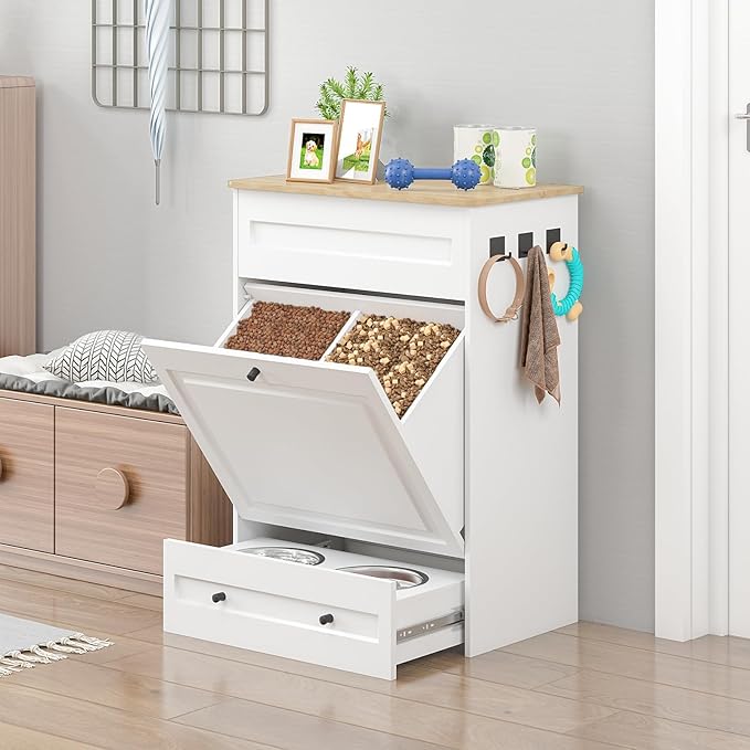 Dog Feeding Station with Storage Cabinet, Hidden Elevated Bowls for Medium & Large Dogs, Dog Food Cabinet Organizer with Hooks for Pet Supplies, Slow Feeder & Stainless Steel Bowls (White)