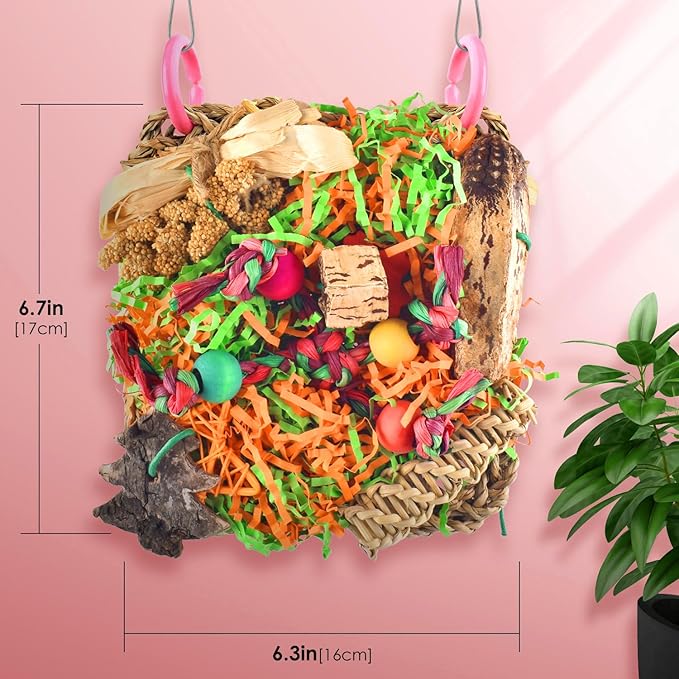 KATUMO Bird Toys, Parakeet Grass Mat Foraging Toy Parrot Shredding Hanging for Cockatiel Lovebird Parakeet Budgie Small-Medium Birds