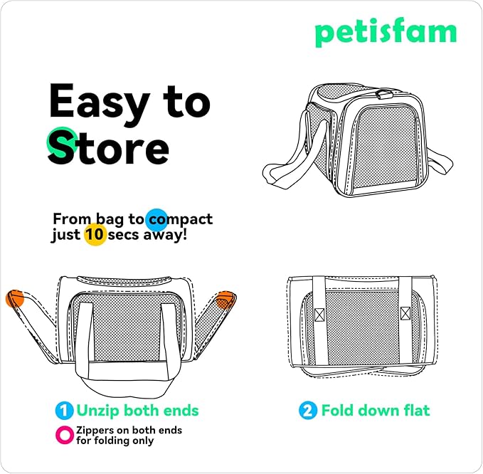 petisfam Top Load Cat Carrier Bag for Medium Cats and Small Dogs. Airline Approved, Collapsible, Escape Proof and Auto-Safe. Easy to get cat in and Make Vet Visit Less Stressful