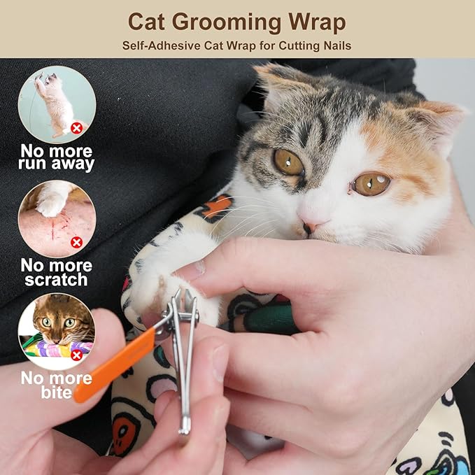 35.5" Extra Large Cat Grooming Wrap – Anti-Escape Cat Wrap for Cutting Nails, Brushing & Medication – Soft, Comfortable, Reusable, Self-Adhering, Holds Cats Up to 22lbs (Elephant Cat)