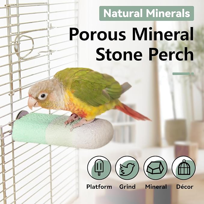 Natural Mineral Bird Perch for Cage Parrot Perch Platform for Beak Grinding Claw Trimming & Chewing Chew Toy for Parakeets Cockatiels Conures Birds Cage Accessories (Gradient Green, 4.7")