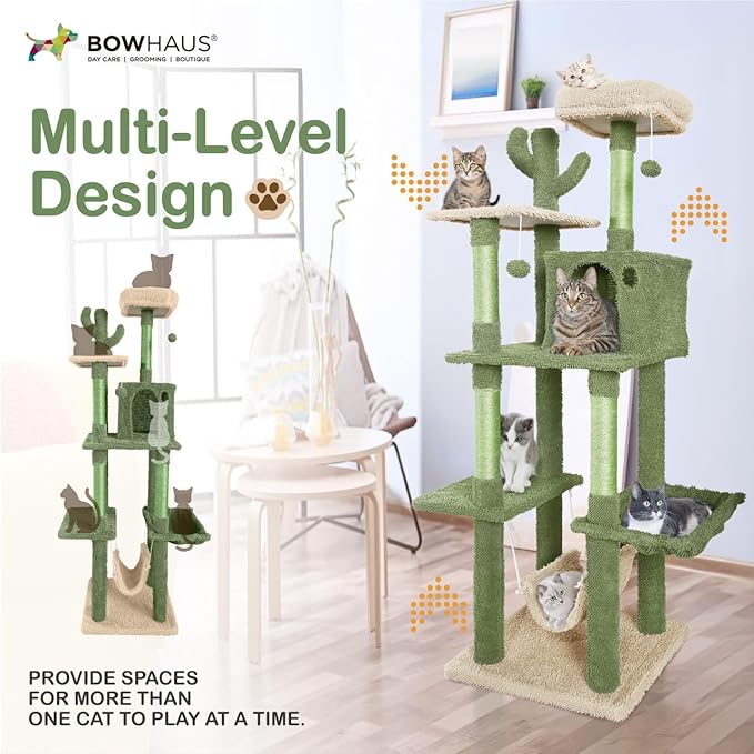 CAPHAUS Cactus Cat Tree for Indoor Cats, Cute 70-Inch Cat Climbing Play Tower with Top Perch for Large Cats Kittens, Multi-Level Cat Activity Tree with Scratching Posts, Hammock, Cat Cave Condo