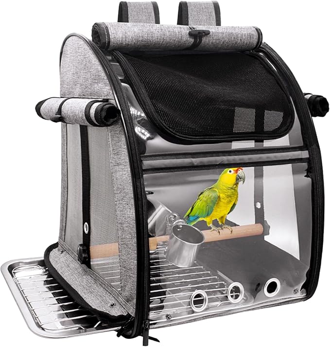 Bird Carrier Bag with Perch, Bird Travel Carrier Backpack with Stainless Steel Plate and Mesh, Portable Transparent Parakeet Travel Cage with Feeder Cups for Small Birds Parakeet Parrot