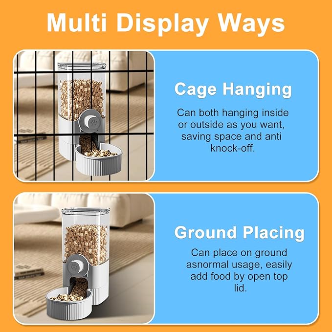 Auto Gravity Food Dispenser for Cage Hanging, 41OZ Capacity Hanging Automatic Pet Cage Feeder, Food Bowl for Cats Dogs Rabbit Ferret Chinchilla Bird Hedgehog Guinea Pig (Grey)