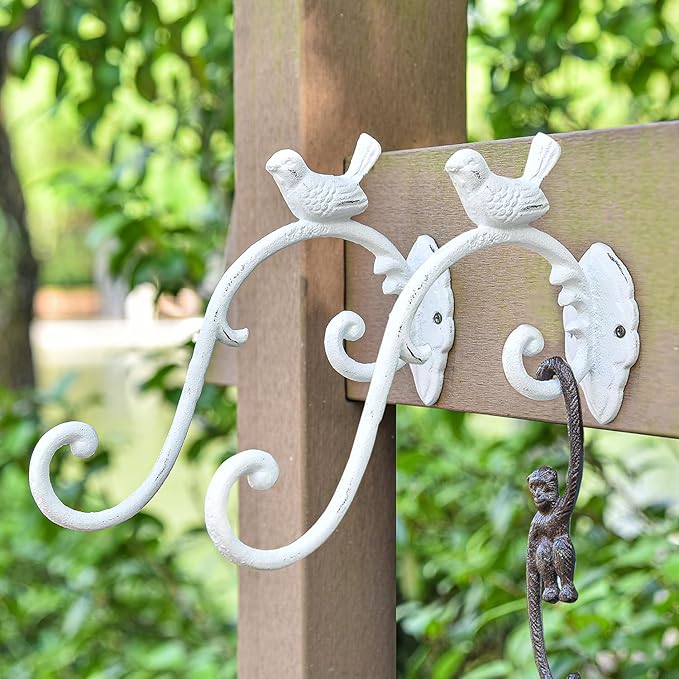 Sungmor Cast Iron Plant Hanger Wall Hooks, Heavy Duty Hanging Basket Brackets, Lovely Bird Shape & 10 inch & 2PC White, Decorative Wall Hangers for Planters Lanterns Bird Feeders Houses Wind Chimes