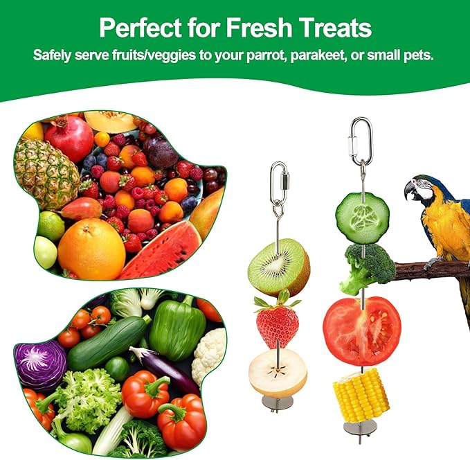 3 Pcs Bird Cage Food Holder Stainless Steel Parrot Fruit & Vegetable Skewer Hanging Foraging Toy for Parakeets, Budgies, Macaws