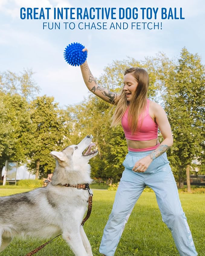 4.5” Heavy Duty Squeaky Dog Balls for Medium Large Dogs, Dog Toys for Aggressive Chewers, Spike Ball Toys for Clean Teeth and Training(2 Pack) (4.5" Purple and Green)