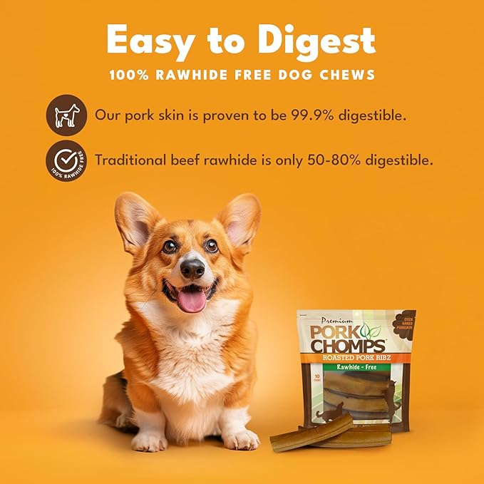 Pork Chomps Roasted Pork Skin Dog Chews, 6-inch Rib Shapes, 10 Count (Pack of 2)