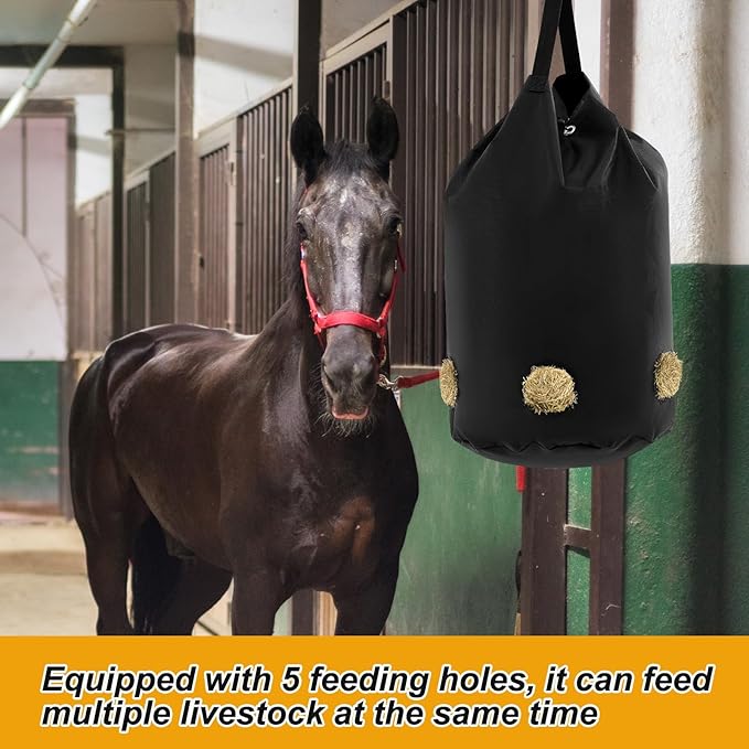 2 Pcs hay Bags for Horses Goats Slow Feed 1680D Oxford Bag Black Large Capacity Net Open Feed Hole Hay Holder for Horse Goats Sheep(5 Holes)
