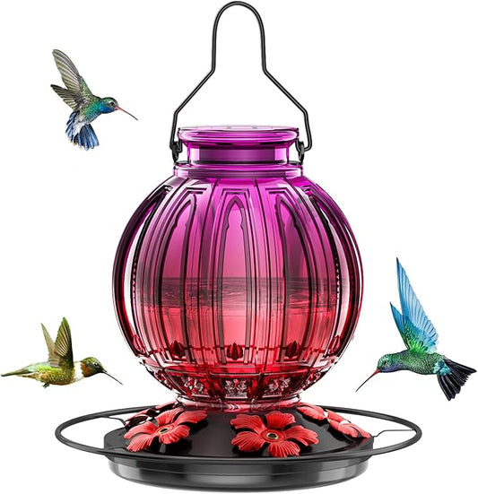 Glass Hummingbird Feeder for Outdoors Hanging, 26Oz Bird Nectar Feeder with Perch & 5 Flower Feeding Ports, Leak Proof for Outside Garden Decor Backyard, Gifts for Women Mom, Purple Red