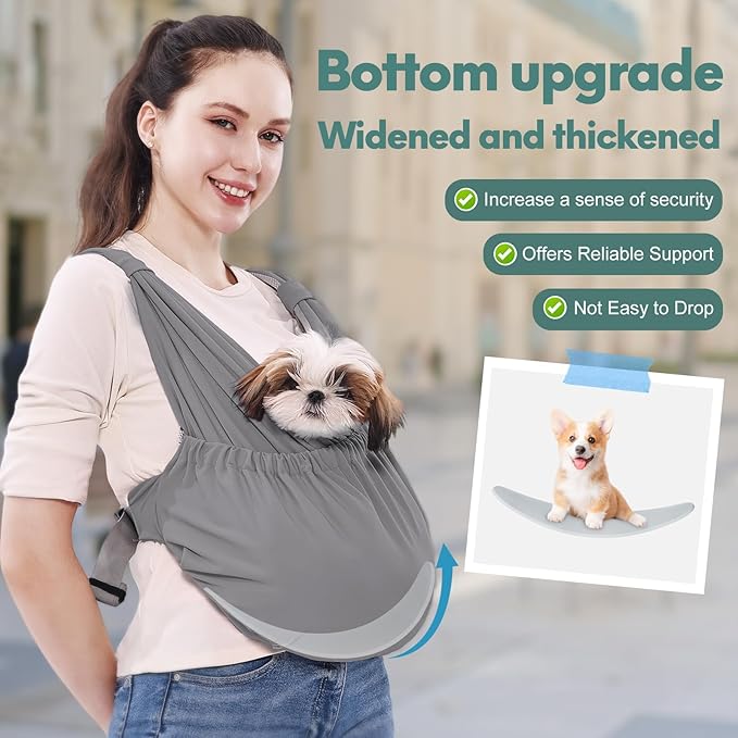 Supet Dog Sling Carrier for Small Pets, Hands Free Front Cat Sling, Reducing Back Neck Pain Anti-Anxiety, Adjustable Soft Carrying (Grey, Plus)