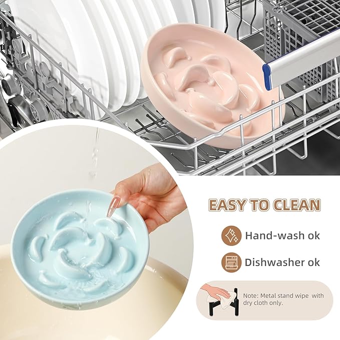 Elevated Slow Feeder Cat Bowl - Ceramic Cat Food Dish with Anti-Slip Stainless Steel Stand - Raised Maze Plate for Slow Eating - Mint Green