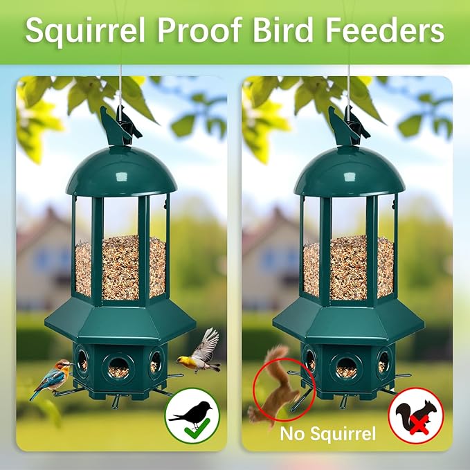 Professional Squirrel Proof Bird Feeders - Sorflife Large Capacity 5.06 lbs, Reliable and Rust Resistant Metal Bird Feeding Station for Prevents Squirrels from Stealing Food and Easy Refilling Green