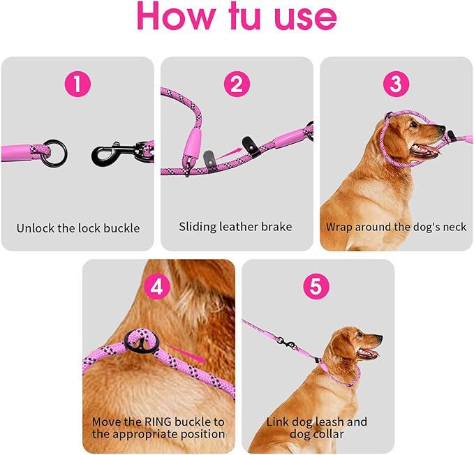 Detachable 2/5" Slip Lead, 4FT 6FT 8FT with Comfortable Silicone Handle Strong Rope Leash for Large Medium Small Dogs No Pull Highly Reflective Pet Training Leash (Pink-Black, 4FT)