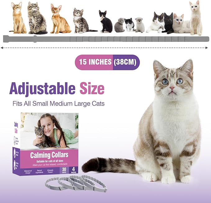Calming Collar for Cats 4 Pack - Adjustable Soother - Anxiety Relief - Stress Pheromone Collar - Comfort Cat Calm Collars - Lasts 30 Days