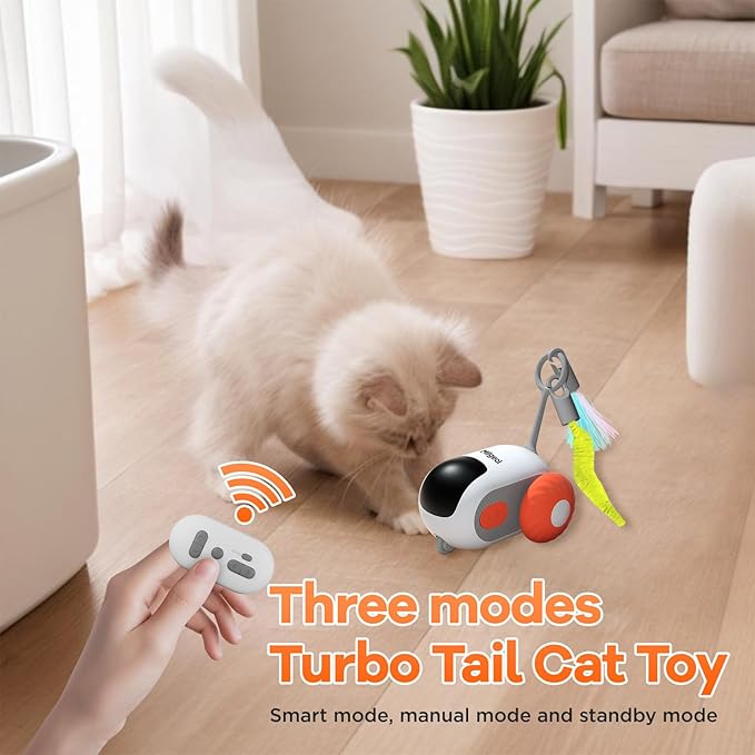 Turbo Tail 3.0 Interactive Cat Toy - Smart Remote Control Electric Mouse with Feathers, 3 Play Modes (Smart/Manual/Standby), Auto Obstacle Avoidance, Type-C, 8H Playtime - Blue & Orange