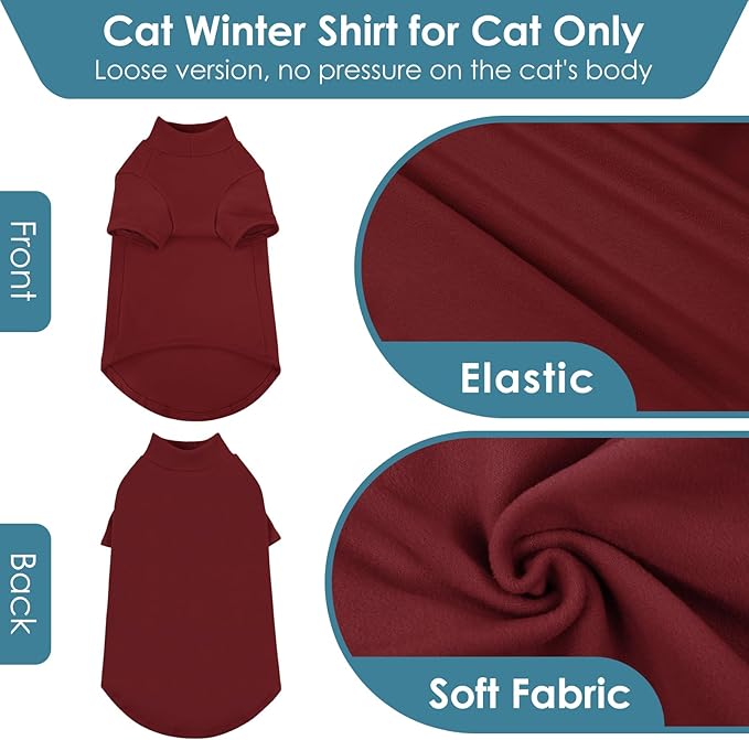 SUNFURA Turtleneck Sweater for Cat, Sphynx Hairless Cats Shirt Sweaters with Sleeves, Warm and Soft Kitten Pullover Fleece Winter Pajamas Jumpsuit for Puppy, Burgundy S