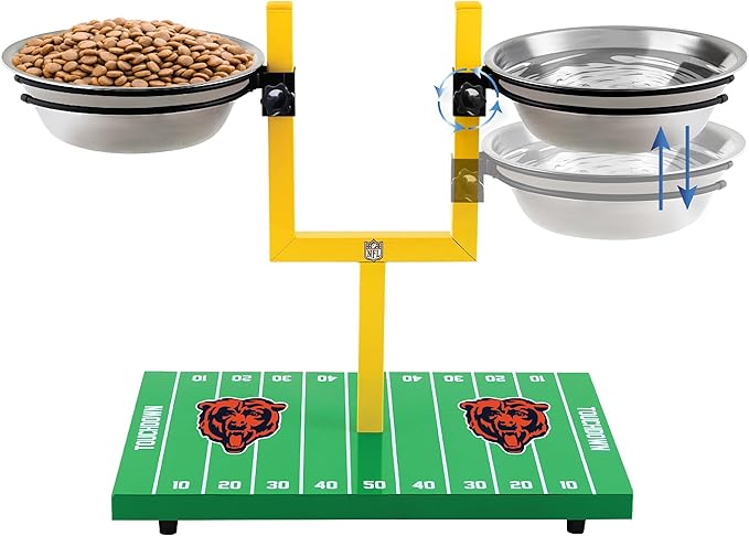 NFL Chicago Bears Goalpost Football Field Dog Feeder – Adjustable Elevated Dog Bowls with Stand, 2 Stainless Steel Bowls, Non-Slip Rubber Feet, Raised Pet Feeder for Large & Small Dogs, Cats.