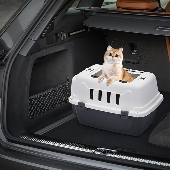 MoNiBloom 18-Inch 2-Door Top Loading Cat Carrier, Plastic Dog Crate Hard-Sided Dog Travel Carrier for Small Dogs and Cats, Ventilation and Security Lock Design for Pets up to 10 lbs (Grey)